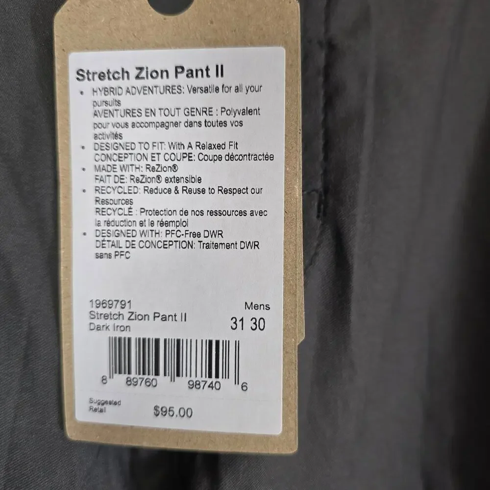 Prana Stetch Zion Pant II Straight Leg Dark Iron outdoor pants 31 x 30 NWT